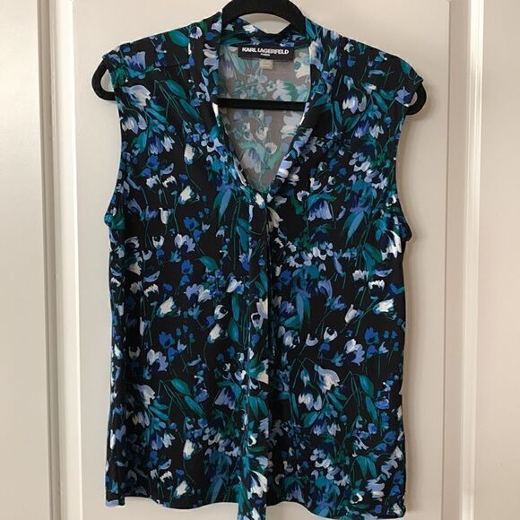 Karl Lagerfeld Black floral Sleeveless Suite Tie Tank Top cottage core‎ - Picture 1 of 6